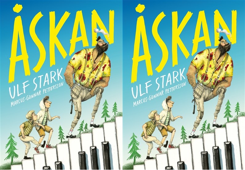 Ett bokomslag med titeln Åskan längst upp i stora gula bokstäver. Längst ner är en trappa gjord av pianotangenter och på trappan går två små pojkar bakom en stor man med svart skägg.