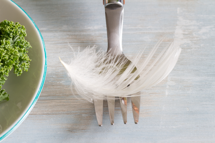 En vit liten fjäder ligger på en gaffel.