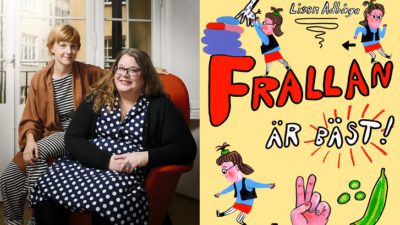 Två bilder bredvid varandra. Den till vänster föreställer de som har skrivit boken. De sitter både i en fåtölj, en i fåtöljen och den andra på armstödet. Den ena har prickig klänning, den andra har en randig dress och jacka. Till höger är en bild av bokens omslag. Titeln står med stora bokstäver och runt är figuran Frallan som gör olika saker, till exempel balanserar på en pinne.