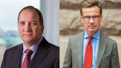 Till vänster en bild av Stefan Löfven. Han har kostym och slips. Han har ganska tunr hår, en ganska bred näsa och smala läppar. Till höger en bild på Ulf Kristersson. Han har kavaj, slips och runda glasöon. Han är ganska smal och har kort hår.