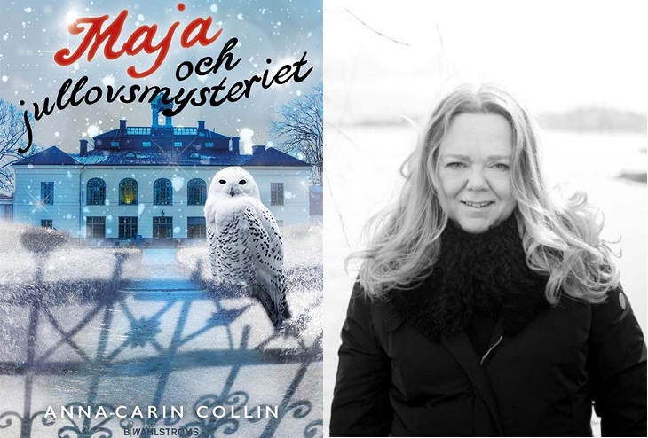 En bild på bokomslaget och en på författaren. På bokomslaget är det en stor byggnad i bakgrunden och en uggla som sitter en grind längst fram. Författaren står utomhus. Hon har långt och och ler.