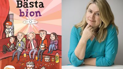 En bild på bokens omslag och en på författaren. På omslaget sitter fyra kompisar i en biosalong. Det är fullt av godispåsar och popcornlådor vid deras fötter. Författaren har långt hår och sitter vid ett bord. Hon lutar armen mot bordet och har huvudet i handen. Hon ser snäll men lite lurig ut.