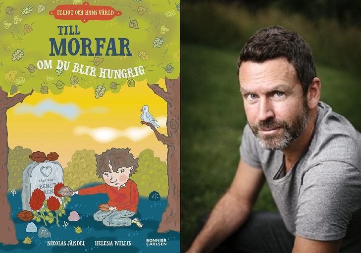 En bild på omslaget och en bild på författaren. På omslaget sitter Elliot vid en gravsten och lägger mat där. Författaren är ungefär 45 år. Han har kort år, skägg och sitter på en gräsmatta.