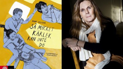 Bokens omslag och en bild på författaren. På omslaget är det flera ritade personer som ligger och håller om varandra. Författaren är ungefär 50 år, har en del rynkor och har långt hår.