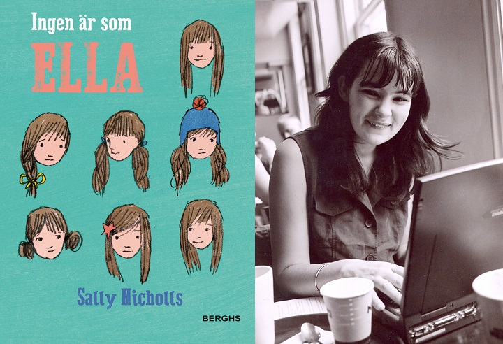 En bild på boken och en på författare. På boken är det ritat många olika versioner av Ellas ansikte. Vissa är glada, andra är ledsna. Några har tofs, andra mössa. Författaren sitter vid ett bord med en dator framför sig. Hon är ganska ung, kanske 25 år, och ler stort mot kameran.