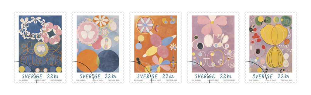 Hilma af Klints konstverk som frimärken.